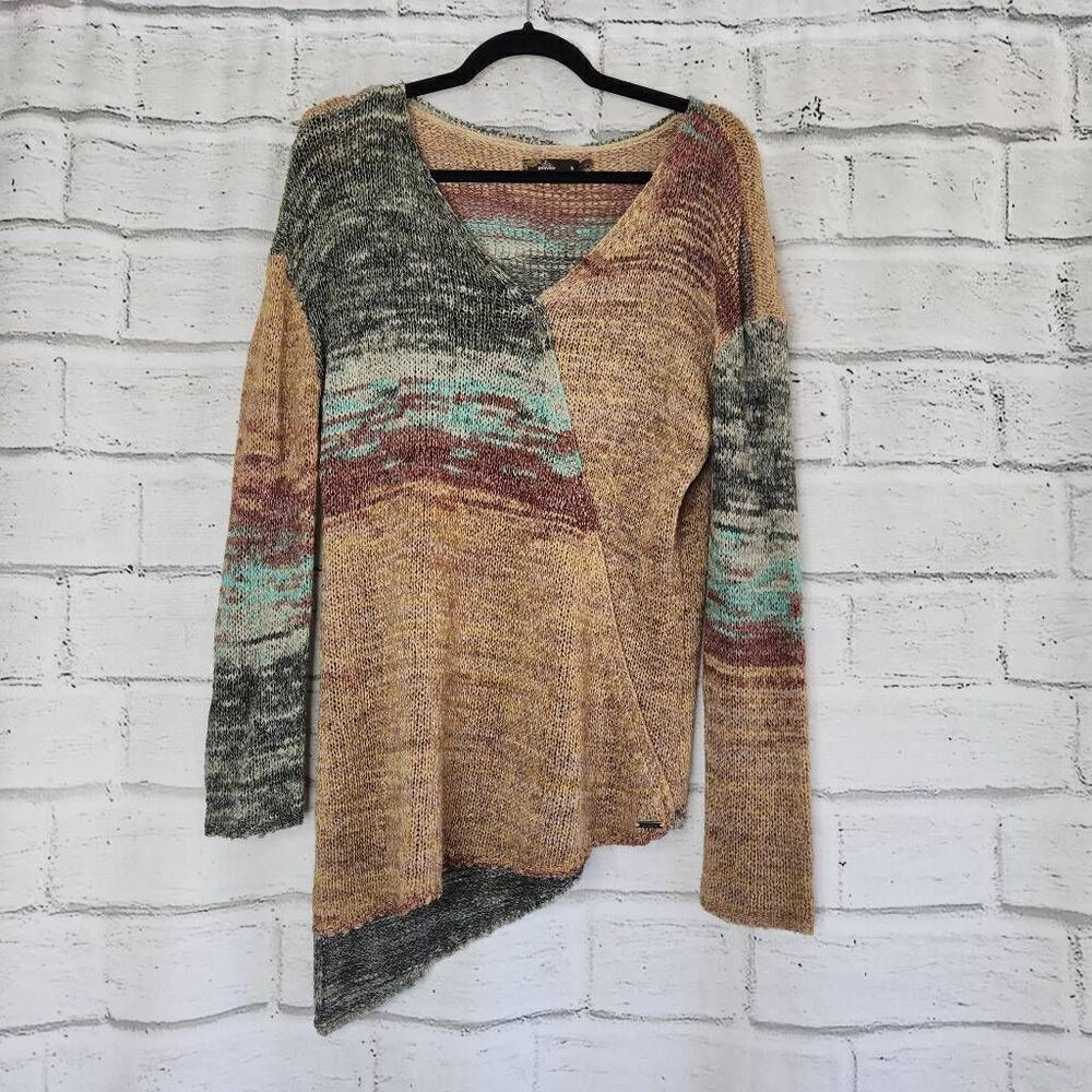 Prana V-Neck Asymmetrical Hem Vignette Knit Sweater Multicolor Size Medium